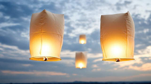 Sky lanterns glowing against cloudy sunset sky, floating lanterns rising in peaceful evening