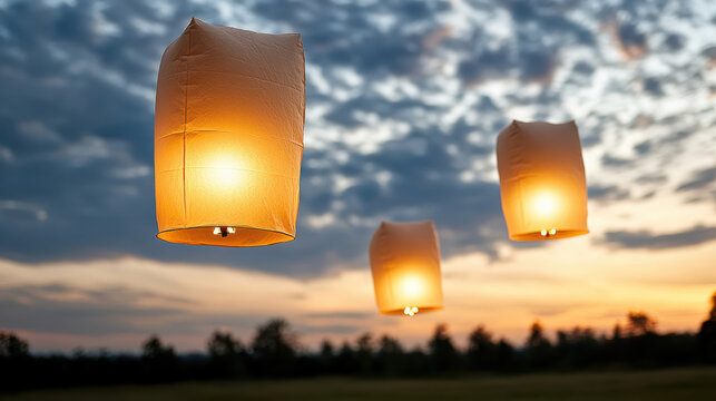 Sky lanterns glowing at sunset float above field, serene warm light and soft clouds