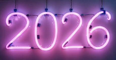 Bright pink neon sign displays year 2026. Dark background emphasizes glowing numbers, creating modern aesthetic. Simple, bold design.
