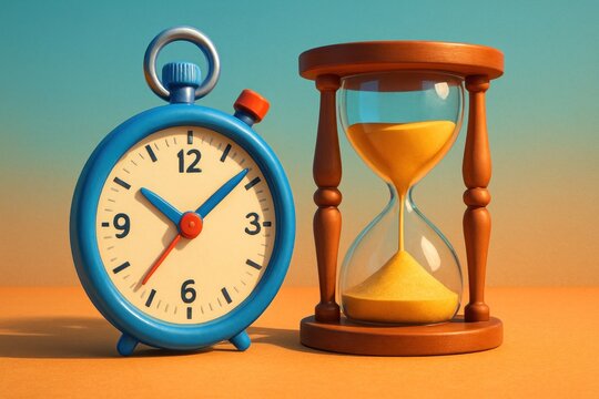 Clock and hourglass, side by side, on an orange surface, blue to turquoise gradient background