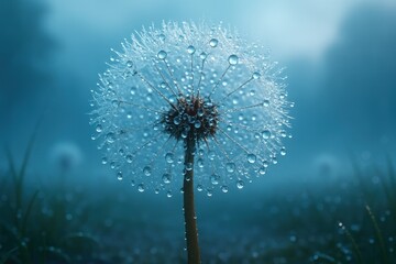 Close-up of a dandelion seed head with water droplets, soft focus, and misty background