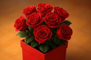 Close-up of eight vibrant red roses blooming from a square red container on a wood surface