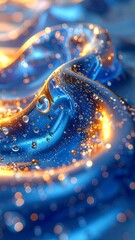 Close-up of glossy blue fabric with tiny drops of water