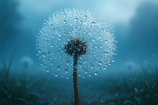 Close-up of a dandelion seed head with water droplets, soft focus, and misty background