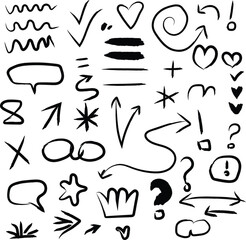 Hand-Drawn Line Shape and Marker Brush Set – Underline, Arrow, Heart Elements Vector