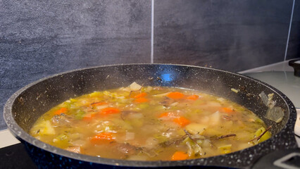 Traditional French pot-au-feu or vegetable stew simmering in a pan on a modern cooktop.
