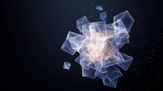 A cluster of translucent, geometric crystal shapes, resembling cubes and polyhedrons, glows with internal light against a dark, starry background. The forms are