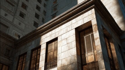 Obraz premium Low angle view of a classic stone building facade with large windows.