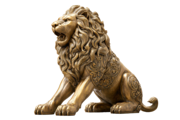Golden lion sculpture sitting majestically isolated on transparent background. Majestic golden lion sculpture sitting regal pose isolated on white background.