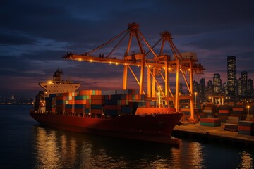 Container ship at dusk with cranes and city skyline, maritime cargo shipping industrial port.
