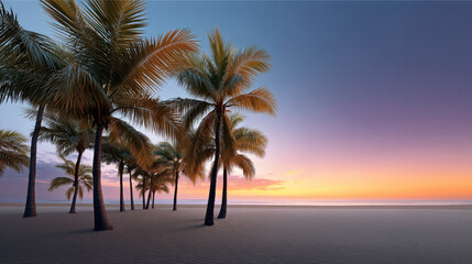 Palm tree beach sunset sand tropical sky ocean tranquil landscape serene. Palm tree silhouettes line tranquil sandy beach sunset with vibrant sky