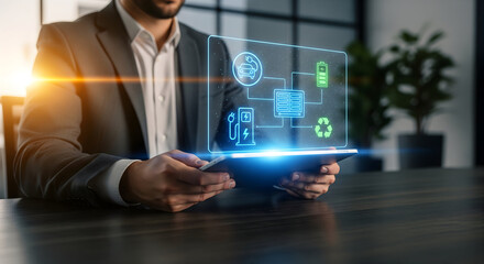 Professional man uses tablet with futuristic EV charging network interface, perfect for green energy, sustainability, and electric vehicle campaigns or modern tech concepts