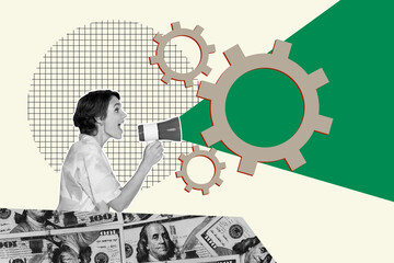 Art sketch image full collage of happy girl hold megaphone announce news dollar currency income...
