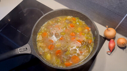 Traditional French pot-au-feu or vegetable stew simmering in a pan on a modern cooktop.
