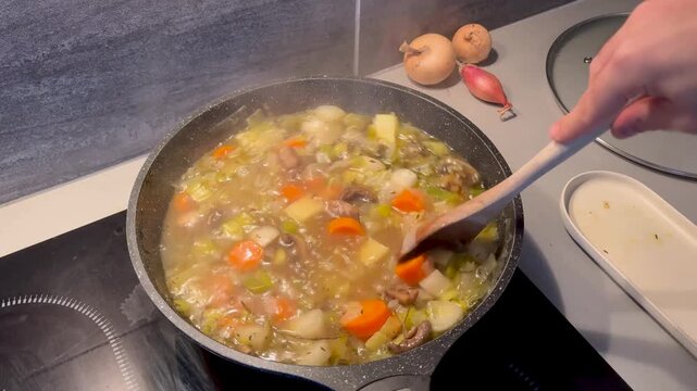 Traditional French pot-au-feu or vegetable stew simmering in a pan on a modern cooktop.