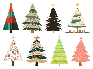 Obraz premium PNG Colorful festive Christmas tree illustrations, element set on transparent background