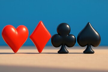 Four playing card suits Heart, Diamond, Club, and Spade arranged against a blue backdrop
