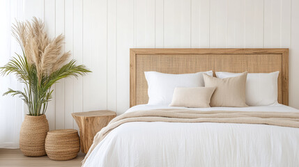 Neutral boho bedroom with woven headboard and cozy linen bedding, warm natural tones and pampas
