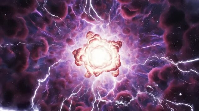 Deuterium and tritium atoms fusing, light exploding outward like a burst of pure creation