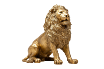 Golden lion sculpture sitting majestically isolated on transparent background. Majestic golden lion sculpture sitting regal pose isolated on white background.