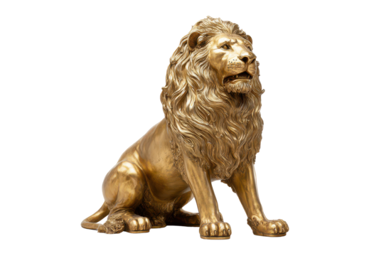 Golden lion sculpture sitting majestically isolated on transparent background. Majestic golden lion sculpture sitting regal pose isolated on white background.