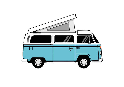 Illustration of a Blue and White Volkswagen Camper Van with Pop-Up Roof.