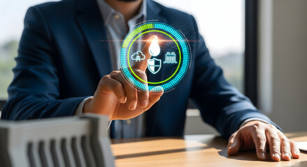 Professional using innovative technology for sustainable energy solutions in modern office setting, showcasing environmental responsibility and future-forward business strategy