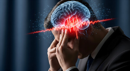 Stressed businessman with brain activity visualization, showcasing mental overload and cognitive stress, perfect for healthcare or technology marketing campaigns