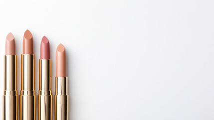 Nude lipstick gold tube neutral shades makeup cosmetics beauty glamour elegant product layout