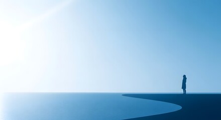 Solitary figure stands on dark shore overlooking calm blue ocean and bright sky silhouette