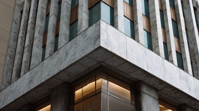 Modern building facade with marble and bronze panels against a clear sky.