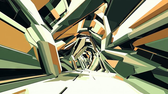 An abstract, digitally rendered tunnel with sharp, angular geometric shapes in shades of green, beige, and orange. The perspective draws the viewer into a compl