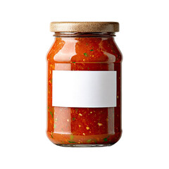 Red sauce in glass jar, metal lid, blank label on black backdrop