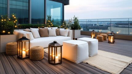 Cozy rooftop lounge with white sofa, lanterns and city view evoking warm evening ambiance