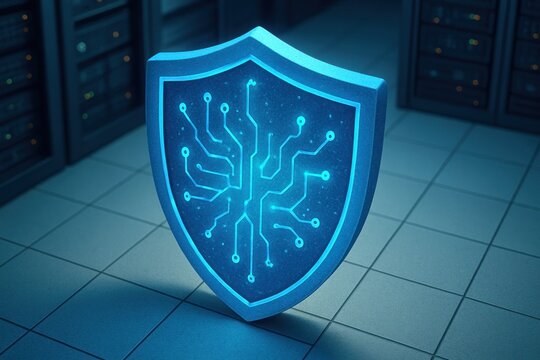 Illuminated shield with circuit board design in front of a server room