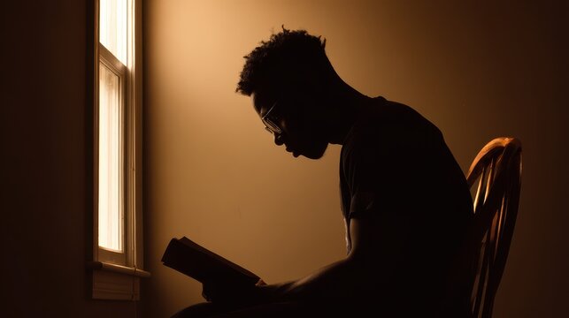 Silhouette of a young man reading a book in a warm backlit interior