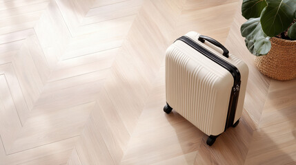 Cream hard shell carry on suitcase on light herringbone wood floor with plant, cozy travel mood