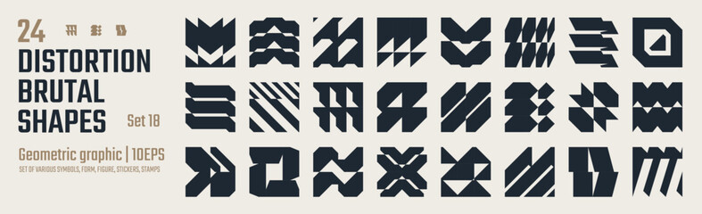 Brutalist vector shapes, Postmodern abstract geometric graphic bold Y2K elements, trendy cyber design symbols in futuristic aesthetics, set of Sci Fi modern logotype, retro futuristic forms, kit 18