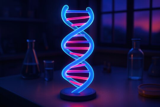 Neon DNA model on a lab table, backlit with purple and blue hues, surrounded by glassware
