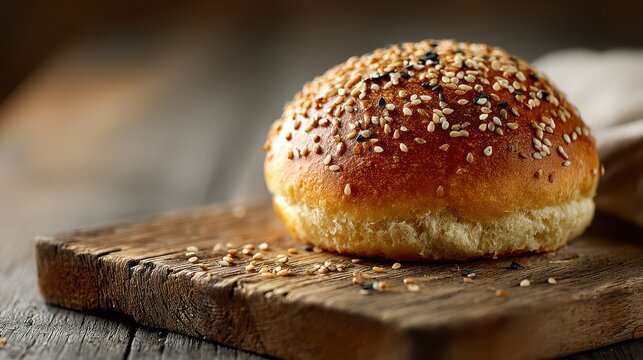 Single bakery bun with sesame topping on natural wooden background