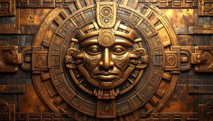 Obraz premium Intricate relief carving of a face, surrounded by concentric rings and geometric patterns in an antique bronze finish