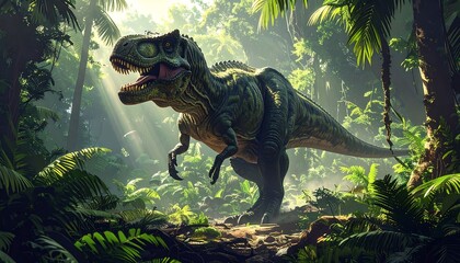 A large, green tyrannosaurus rex stands amidst lush tropical vegetation, bathed in filtered sunlight
