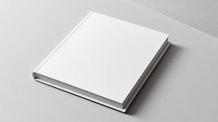Blank hardcover book mockup on minimal gray table with soft cinematic light and serene mood