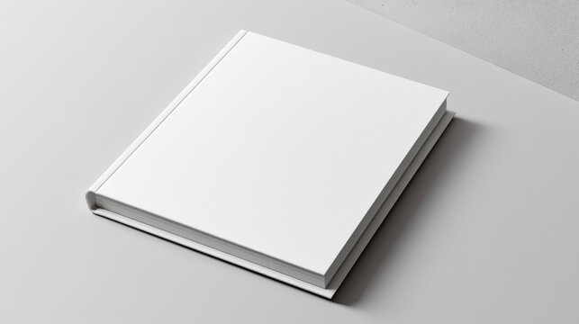 Blank hardcover book mockup on minimal gray table with soft cinematic light and serene mood