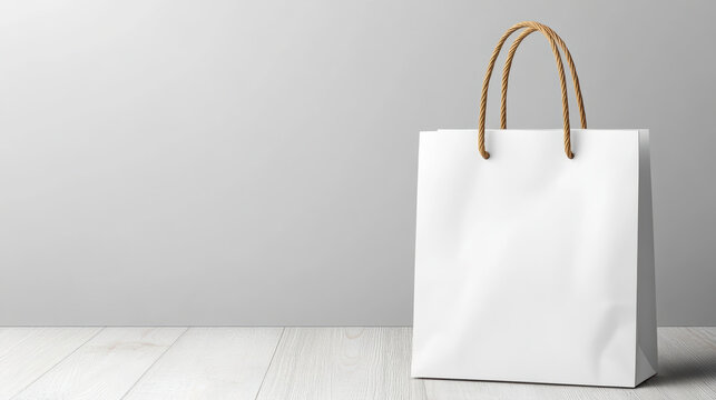 White paper bag with twisted rope handles on wooden floor, minimal studio scene