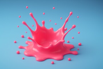 Pink liquid erupts from center, splashes outward, droplets scattered on blue background