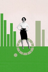 Banner vertical photo trend image collage of happy businesswoman businessman stand chart...