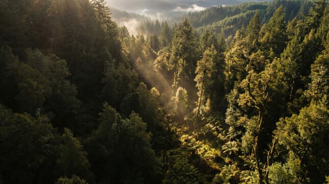 Aerial view of dense green forest with morning sunlight beams, nature landscape background, wild pine trees, environmental protection concept - Powered by Adobe