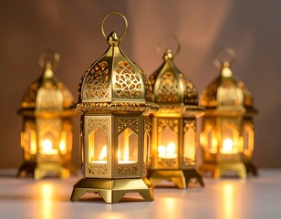 Obraz premium Close-up of gold lanterns with candle-light glow, four in a row