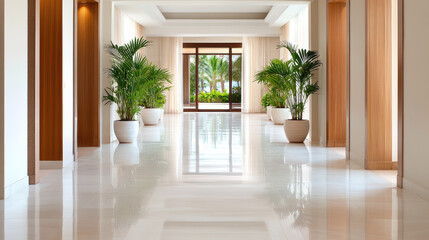 Fototapeta premium Lobby hall potted plant marble floor tropical view bright symmetry